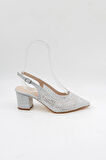 Park Moda Taşlı Kısa Kısa Topuklu Arkası Açık Abiye Kadın  Ayakkabı PM309 Gümüş Sim
