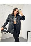 Kadın Siyah Apoletli Crop Deri Ceket