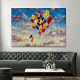 Bulutlaların Üzerindeki Renkli Balonları Tutan Kız Tablosu-6643