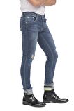 Erkek Slim Fit Katlama Paçası Yazılı Yırtık Detaylı Düz Renk Jean Kot Pantolon