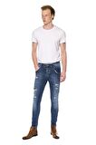 Erkek Skinny Fit Yırtlık Yıkamalı Boya Desenli Jean Kot Pantolon