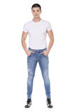 Erkek Skinny Fit Yırtlık Yıkamalı Boya Desenli Jean Kot Pantolon