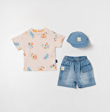 3'Lü Erkek Çocuk Bej Anımal Desenli Tişört Kot Şhort ve Kot Şaplalı Takım