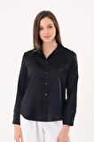 Kadın Hafif Dökümlü Siyah Saten Gömlek