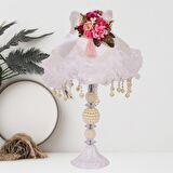 Ekru Kadife Fuşya Çiçek Süsleme Kaplı Dantel Süsleme Sarkan Vintage Abajur 30x50cm AB1008