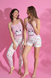 Dreamy 3 Parça Desenli İp Askılı Şortlu Pantolonlu Viskon Pijama Takımı FHD1863RND1890