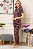 Dreamy Ekoseli Pamuklu Biyeli Kısa Kollu Gömlek Pijama Takımı