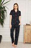 Dreamy Pamuklu Yıldız Desenli Biyeli Kısa Kollu Gömlek Pijama Takımı