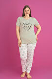 X-Dreamy Büyük Beden Pamuklu Kalp Desenli Kısa Kollu Pijama Takımı