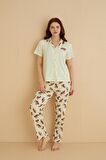 Dreamy İpeksi Kaşkorse Leopar Desenli Kısa Kollu Gömlek Pijama Takımı