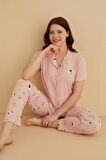 Dreamy İpeksi Kaşkorse Martı Desenli Kısa Kollu Gömlek Pijama Takımı 