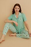 Dreamy İpeksi Kaşkorse Martı Desenli Kısa Kollu Gömlek Pijama Takımı 