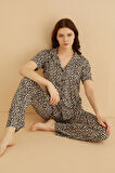 Dreamy Bambu Kumaş Leopar Desenli Kısa Kollu Gömlek Pijama Takımı