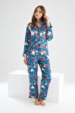 Faryanight İpek Saten Uzun Kollu Çiçek Desenli Biyeli Gömlek Pijama Takımı