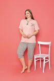 X-Dreamy Büyük Beden Pamuklu Desenli Düğmeli Yaka Kapri Pijama Takımı