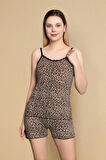 Dreamy Dantel Detaylı Leopar Desenli İp Askılı Şortlu Pijama Takımı