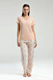 Kadın V Yaka Kısa Kol T-shirt & Uzun Alt Pijama Takımı Q4.A3.K6.R8K