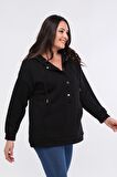 Kadın Büyük Beden Kanguru Cepli Basic Siyah Sweatshirt