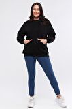 Kadın Büyük Beden Fermuarlı Cep Detaylı Basic Siyah Sweatshirt