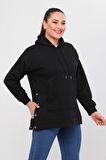 Kadın Büyük Beden Yanlar Çıt Çıt Kapamalı Basic Siyah Sweatshirt