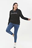 Kadın Büyük Beden Yaka Zincir Detaylı Yazılı Siyah Sweatshirt
