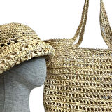 Uretti - Necla 4345 8391 El Yapımı Rafya İp Şapka ve File Model Omuz Çantası - 45 cm x 30 cm - Bej