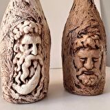 Özel Tasarım Zeus ve Posedion Heykel Dekorlu Eskitme Şarap Şişesi 2'li set Ev Dekoru Ofis Dekoru