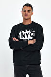 Erkek Bisiklet Yaka Rahat Kalıp 3 iplik Kalın NYC Baskılı SweatShırt spr24sw24