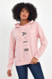 Süperlife Kadın Kapşonlu Oversize Fit Air Baskılı İnce Sweatshırt SPR22SWk162 