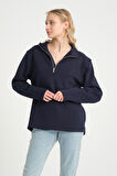 Kadın  Rahat Kalıp İçi Polarlı 3 iplik Yarım Fermuarlı  SweatShırt spr24swK21