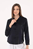 Kadın Hafif Dökümlü Siyah Saten Gömlek