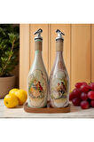 Özel Tasarım Vintage Desenli Sunum Stantlı 2'li 750 ml Zeytinyağı Sıvıyağ Şişesi Yağdanlık Yağlık