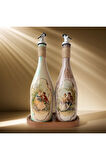 Özel Tasarım Vintage Desenli Sunum Stantlı 2'li 750 ml Zeytinyağı Sıvıyağ Şişesi Yağdanlık Yağlık