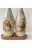 Özel Tasarım Vintage Desenli Sunum Stantlı 2'li 750 ml Zeytinyağı Sıvıyağ Şişesi Yağdanlık Yağlık