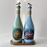 Özel Tasarım Lotus Çiçeği Desenli Sunum Stantlı 2'li 750 ml Zeytinyağı Sıvıyağ Şişesi Yağdanlık