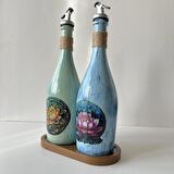 Özel Tasarım Lotus Çiçeği Desenli Sunum Stantlı 2'li 750 ml Zeytinyağı Sıvıyağ Şişesi Yağdanlık