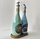 Özel Tasarım Lotus Çiçeği Desenli Sunum Stantlı 2'li 750 ml Zeytinyağı Sıvıyağ Şişesi Yağdanlık