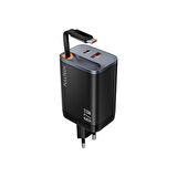 67W HIZLI ŞARJ PREMİUM KALİTE DAHİLİ  TYPE-C + USB-A ÇIKIŞ, MAKARA SİSTEMLİ DAHİLİ TYPE-C KABLOLU