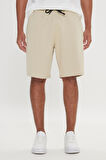 Erkek Bej Standart Fit Normal Kesim Pamuklu Esnek Örme Şort,