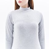 Kadın Dik Yakalı Fitilli Uzun Kollu Tişört