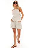 Beli Büzgülü Ve Kuşaklı Bağcıklı Cepli Rahat Şık Keten Şort