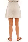 Beli Büzgülü Ve Kuşaklı Bağcıklı Cepli Rahat Şık Keten Şort
