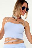 İnce Askılı Belden Bağlamalı Göğüs Straplez Crop Triko Bluz