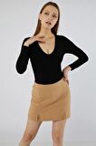 Derin V Yaka Uzun Kol Alttan Çıtçıtlı Esnek Şık ve Cool Likralı Body Bluz