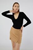 Derin V Yaka Uzun Kol Alttan Çıtçıtlı Esnek Şık ve Cool Likralı Body Bluz