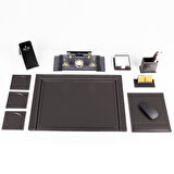 10 Parça Eskitme Desenli Antrasit Deri Sümen Takımı ve Kristal Masa İsimliği Ofis Masa Sümen Seti