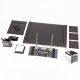 10 Parça Eskitme Desenli Antrasit Deri Sümen Takımı ve Kristal Masa İsimliği Ofis Masa Sümen Seti