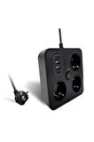 Akım Korumalı Anahtarlı Priz - 3X Priz - 2X Usb - 2X Type-C - 2 mt Kablo Hızlı Şarj Özellikli Siyah