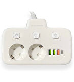 Akım Korumalı 2'li Ayrı Anahtarlı Priz, 2x Priz, 3x USB, 1x Type-C, 2 mt Kablo, Hızlı Şarj