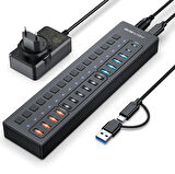 Acasis DS516PB - 16 Port 5Gbps USB-A 3.0, USB 2.0, Type-C 3.0, Akıllı Şarj Portu, Alüminyum Kasa, 60W Güç Adaptörlü, LED Işıklı, USB / Type-C Çoklayıcı , Akıllı Şarj HUB (DS-516PB)